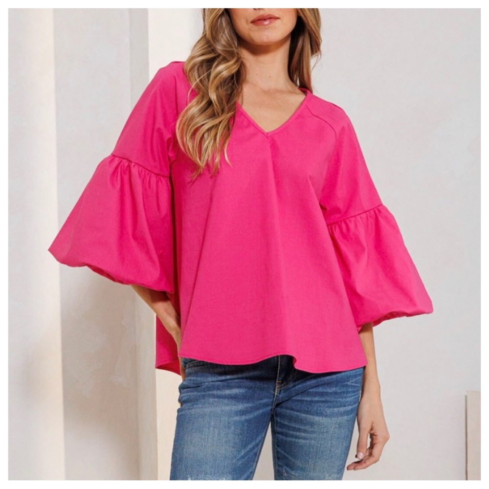 23 Boho Balloon Sleeve Baby Doll V-neck Solid Top - Picture 5 of 6